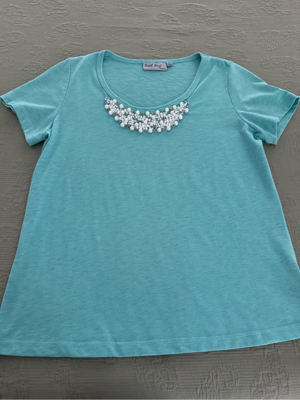 Coral Bay Aqua Short Sleeve Tee with Pearl Neckline